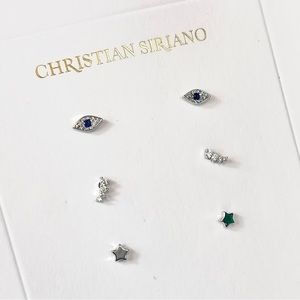 Christian Siriano Evil Eye Stud Earrings Set Silver Plated Cubic Zirconia Stars